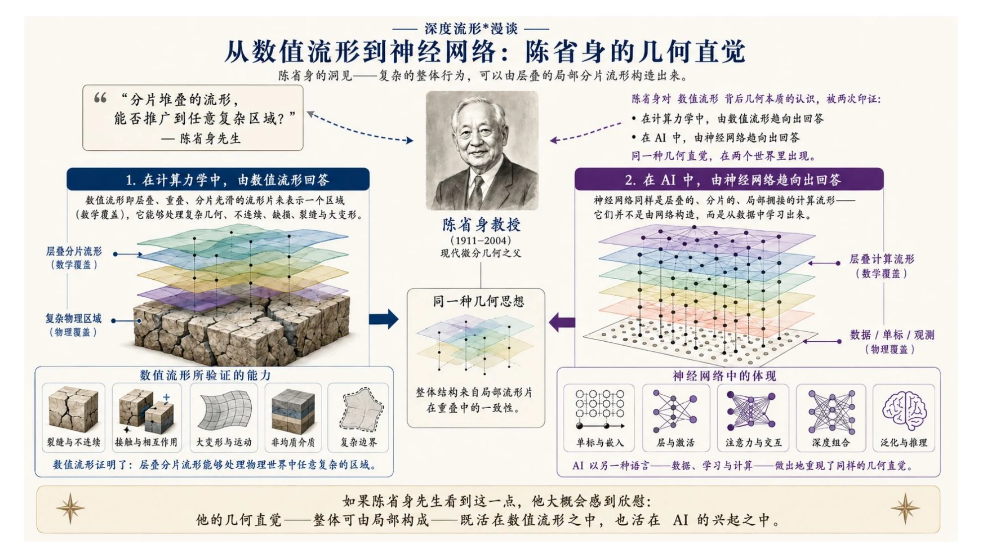 Chern's geometric intuition answered in rock mechanics and in neural networks
