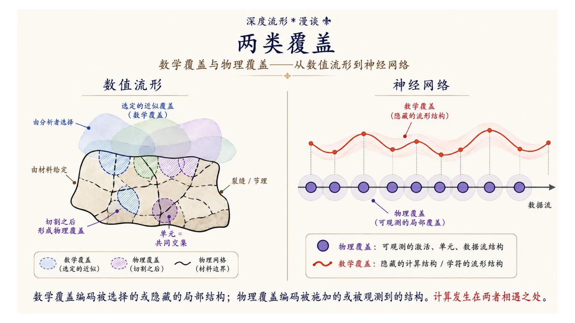两类覆盖示意:左边数值流形里,分析者选定的数学覆盖(半透明重叠小块)盖在材料给定的物理覆盖(带裂缝的石头)上,单元是两者的交集;右边神经网络里,隐藏的数学覆盖(学到的流形结构)对应一条波动曲线,物理覆盖对应可观测的激活节点。